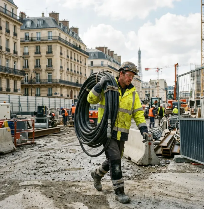 Technicien assainissement transportant un flexible haute pression devant un immeuble francilien